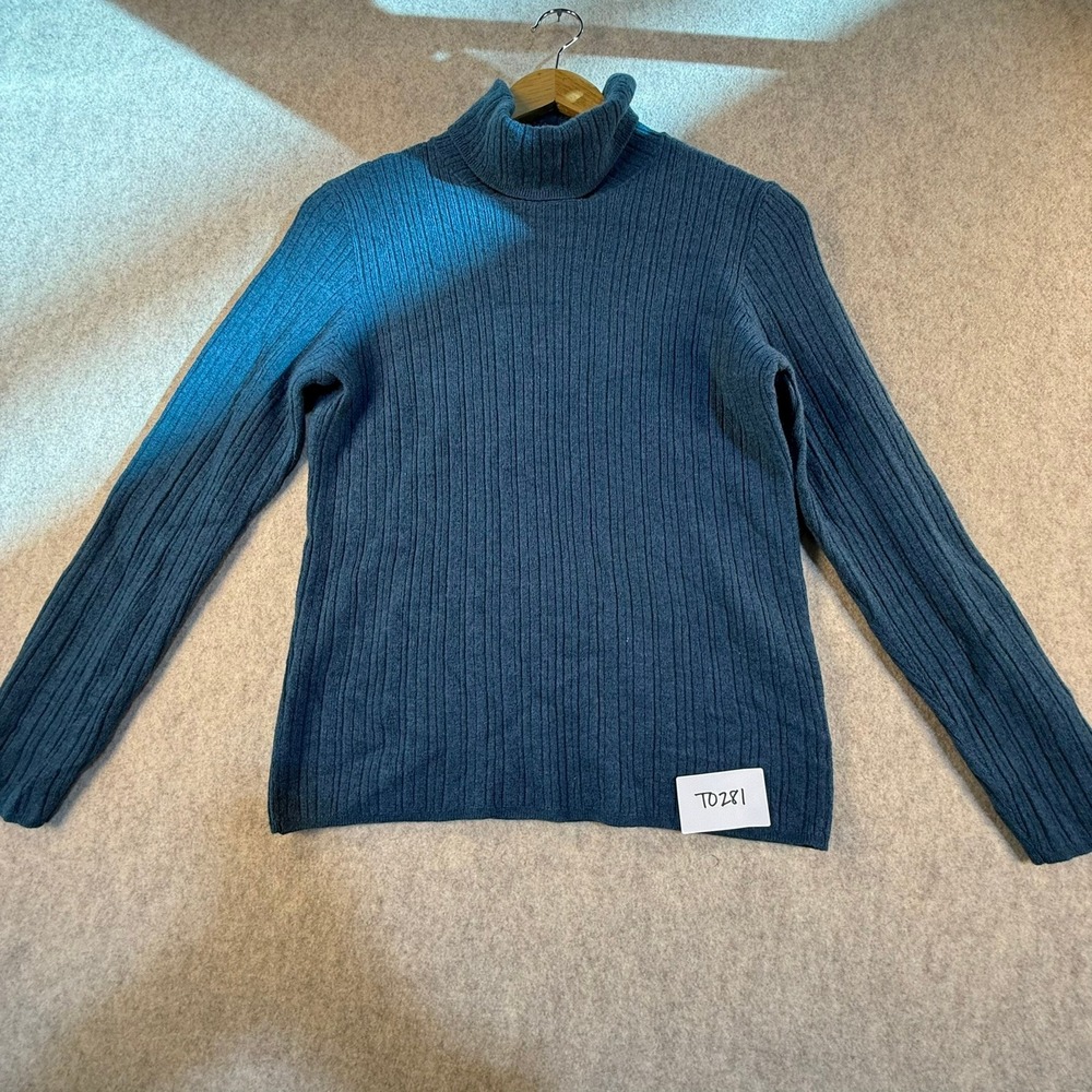 Halston Womens Teal Blue 100% Extra Fine Merino Wool Ribbed Turtleneck Sweater L